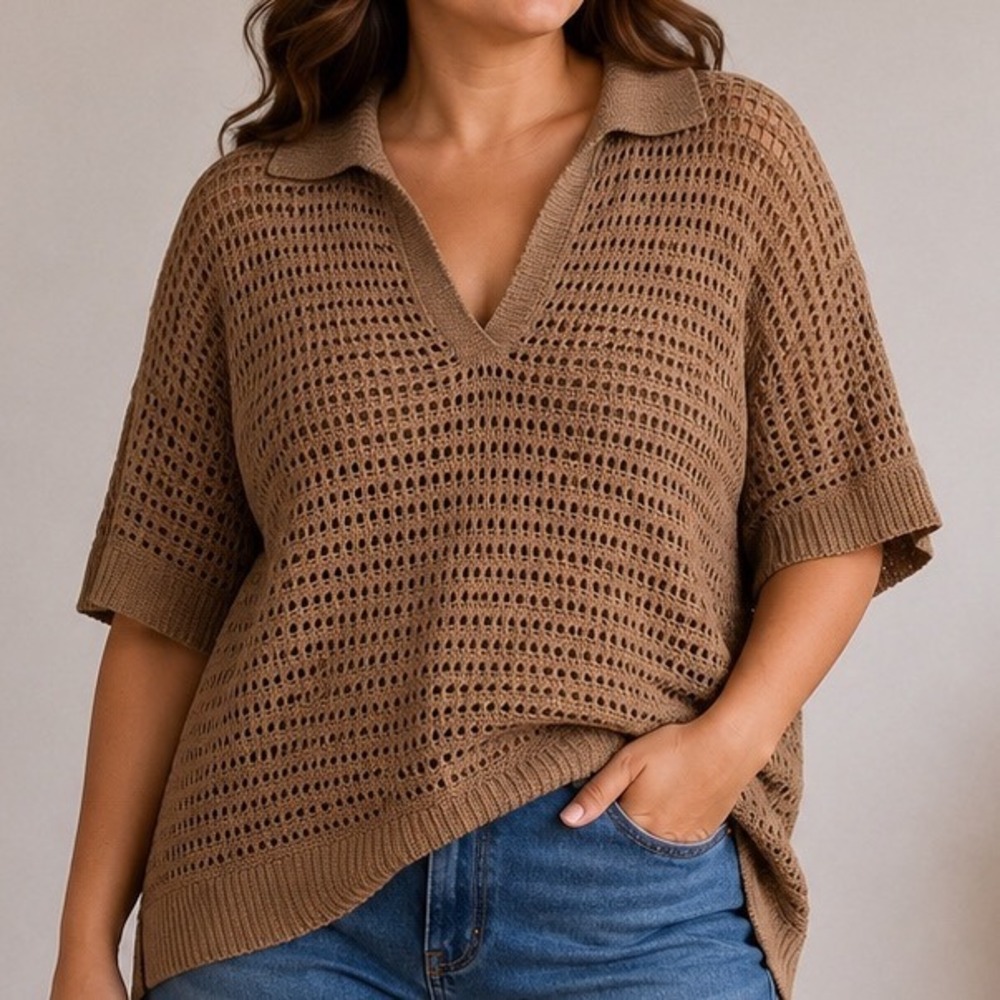 Max Studio Women's Large Linen Tencel Open Knit Polo Sweater Tan Coastal Boho